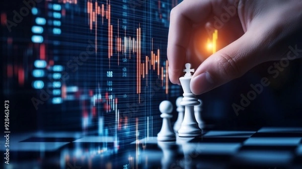 Obraz Hand placing a pawn on a chessboard made of stock market graphs, [market strategy], [decision-making in volatile stock markets]