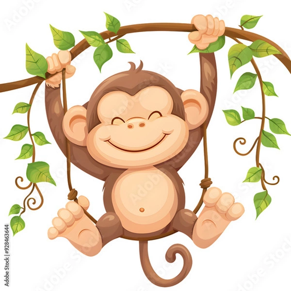 Fototapeta Cute cartoon monkey joyfully hanging from a tree branch with lush green leaves all around, ideal for kids' drawings and fun designs