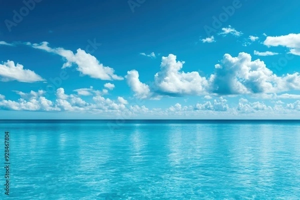 Fototapeta Breathtaking view of a serene ocean with clear blue water and a sky filled with fluffy white clouds. Perfect for travel and nature themes.