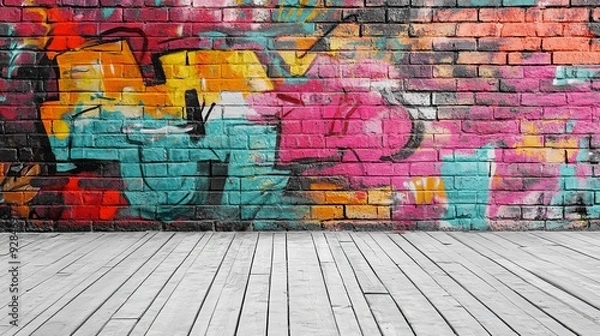 Fototapeta Colorful graffiti wall with wooden floor in urban setting during daytime