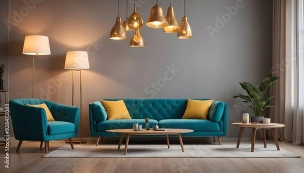 Obraz A living room with a couch a table and a lamp