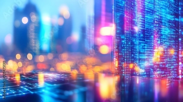 Fototapeta Abstract Cityscape with Binary Code & Neon Lights