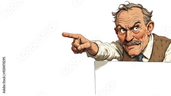 Fototapeta An animated character with a mustache pointing, suggesting authority or disapproval.