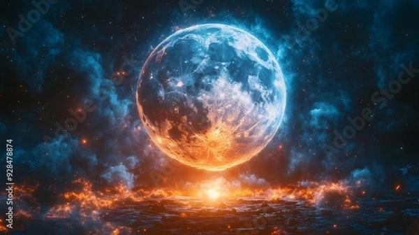 Fototapeta Fiery Moon in a Cosmic Nebula High-Resolution Sci-Fi Fantasy Digital Art