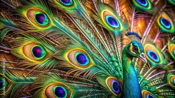 Fototapeta Vibrant peacock feather showcases mesmerizing iridescent colors, intricate eye patterns, and delicate wisps, radiating beauty and wonder in stunning high-definition detail.