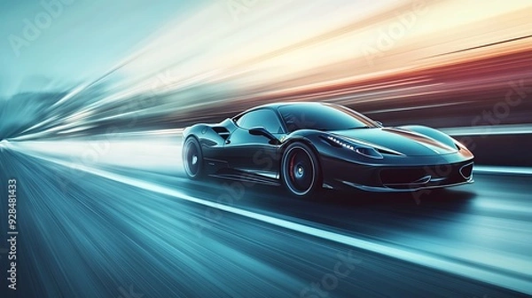 Fototapeta Racing car speeding down the highway, leaving a blur of motion against the vast sky