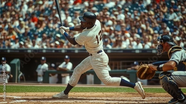 Fototapeta A baseball player hitting a home run, with the crowd cheering in the background,