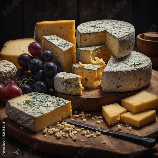 Obraz Savor the artistry of cheese with an elegant cheese platter showcasing diverse textures and fresh, flavorful accompaniments