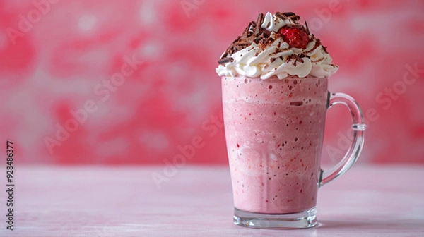Fototapeta Strawberry milkshake with pink background. Food photography concept for advertisement, product display, copy space. 