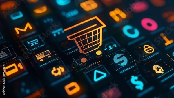 Obraz Exploring the Future of E-Commerce: A Close-Up of a High-Tech Keyboard with Iconic Shopping Cart Elements Illuminating the Digital Shopping Experience