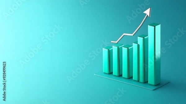 Fototapeta 3D bar chart showing an upward trend with an arrow on a teal background, representing business growth and financial success.