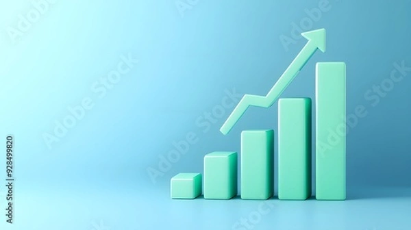 Fototapeta 3D bar chart showing growth with an upward arrow, representing business success and positive trend in a minimalist style.
