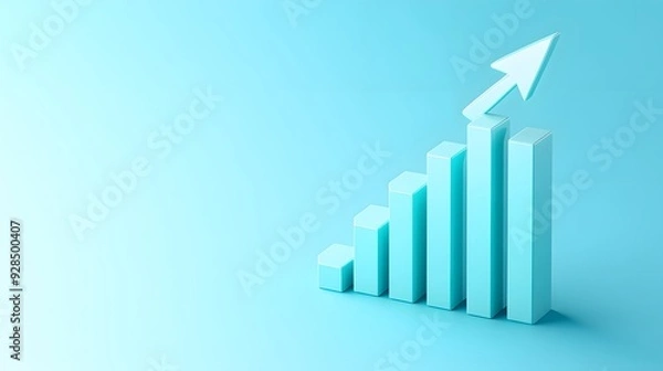 Fototapeta 3D bar chart with an upward arrow symbolizing growth and success on a light blue background. Perfect representation of business growth.