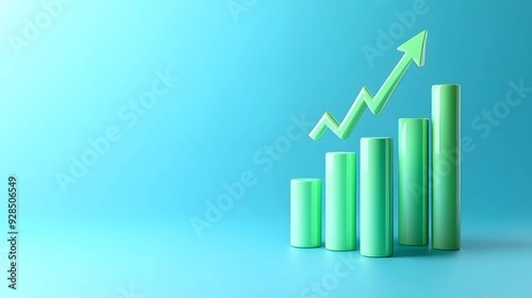 Obraz 3D graph with green bars and upward arrow on blue background, representing growth, success, and business progress.