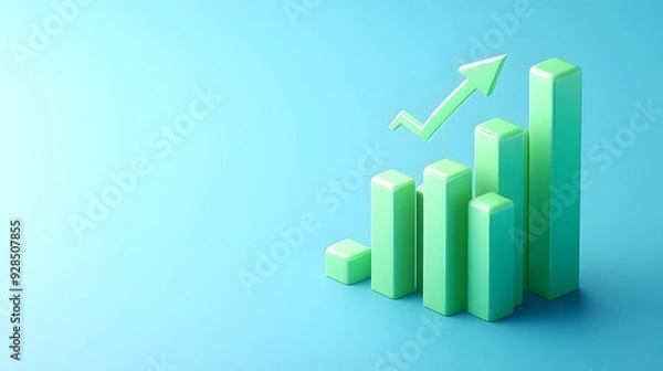 Fototapeta 3D green bar chart with upward arrow on blue background symbolizes growth, success, and financial progress. Ideal for business and financial concepts.