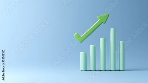 Obraz 3D green bar graph with a rising arrow on a blue background symbolizing business growth, progress, and success in a minimalist design.
