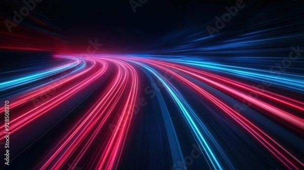 Fototapeta Abstract background with red and blue light trails on a dark background.