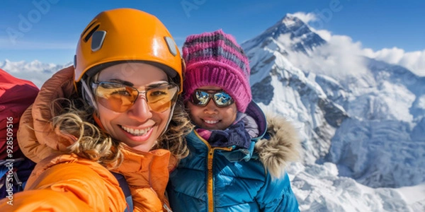 Fototapeta Mother and child climbers in the highlands. Family of extreme travelers. Snowy mountain peak in background.