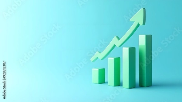 Obraz 3D rendering of a green bar graph with upward arrow on blue background, representing growth, success, and positive trend in business.