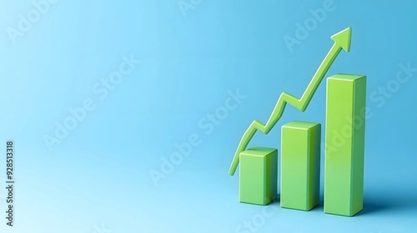 Obraz 3D rendering of a green growth chart with rising arrow on blue background, symbolizing success, progress, and business growth.