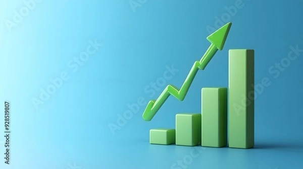 Obraz Green 3D bar chart with an upward arrow on a blue background, representing business growth, success, and positive trends.
