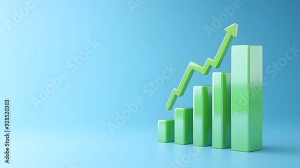 Obraz Green 3D bar graph rising on blue background, representing growth, success, and positive trends in business or finance.
