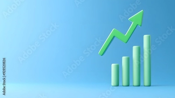 Obraz Green 3D bar graph with arrow indicating financial growth on blue background, suitable for business, finance, and analytics concepts.