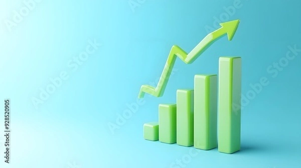 Obraz Green 3D bar graph with ascending trend arrow on a blue background representing growth and success in business or finance.