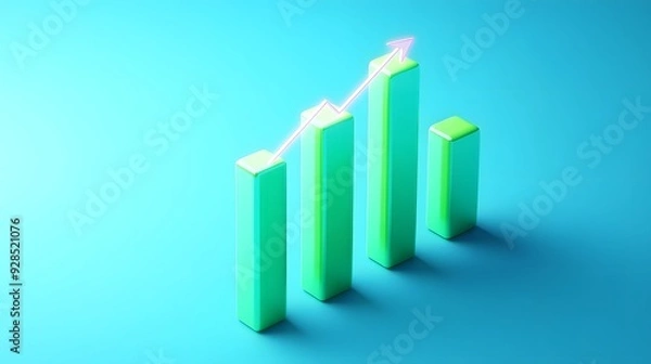 Fototapeta Green 3D bar graph with upward arrow on blue background, symbolizing business growth, success, progress, statistics, and positive trends.