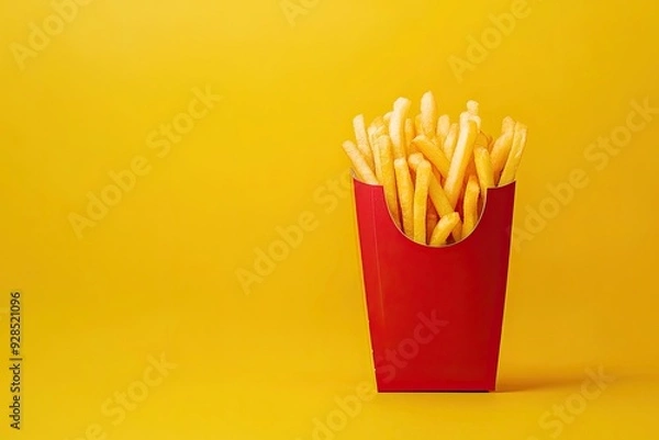 Fototapeta French fries in paper box on yellow background. Top view, copy space. Fast food