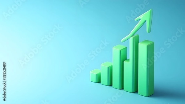 Fototapeta Green 3D bar graph with upwards arrow on a blue background representing growth, success, and business progress.