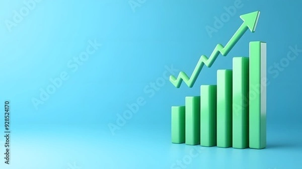 Fototapeta Green bar chart with an upward arrow on a blue background, symbolizing growth and success in business or finance.