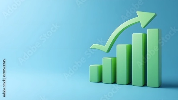 Fototapeta Green bar chart with an upward arrow on a blue background indicating growth, success, and positive business trends.