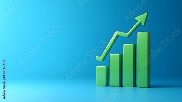 Obraz Green bar chart with upward arrow on a blue background symbolizing growth, success, profit, financial increase, or business improvement.