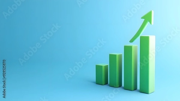 Fototapeta Green bar chart with upward arrow on blue background representing growth, progress, and success in business and finance.
