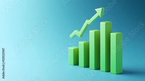 Fototapeta Green bar chart with upward arrow on blue background symbolizes growth, success, financial gain, progress, and business performance.