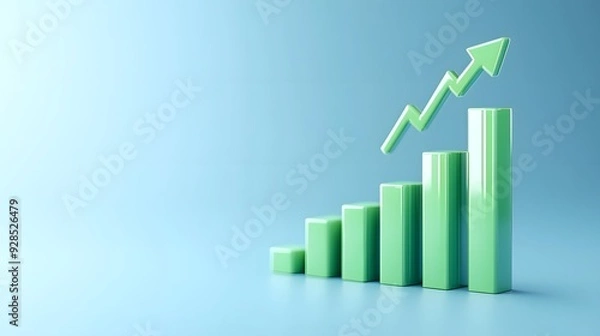 Fototapeta Green bar chart with upward arrow on blue gradient background, representing financial growth, success, and positive business trends.