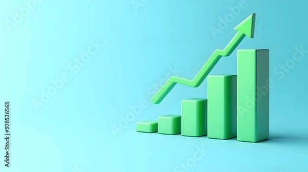 Obraz Green bar chart with upward arrow represents business growth and financial success. 3D rendering on a blue background.