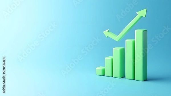 Obraz Green bar graph and upward arrow on a blue background, representing growth, success, and increasing financial or business metrics.