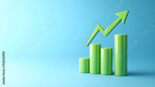 Obraz Green bar graph chart showing upward growth trend with green arrow on blue background, representing business success.