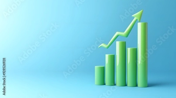Obraz Green bar graph chart with an upward arrow on a blue background symbolizing business growth and success in the data analysis market.