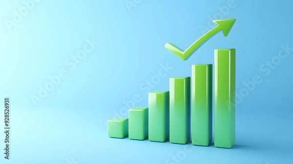 Fototapeta Green bar graph depicting business growth and an upward trend on a blue background, indicating positive financial performance.
