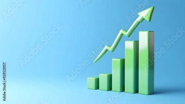 Obraz Green bar graph with an upward arrow on a blue background representing business growth and positive financial progress.