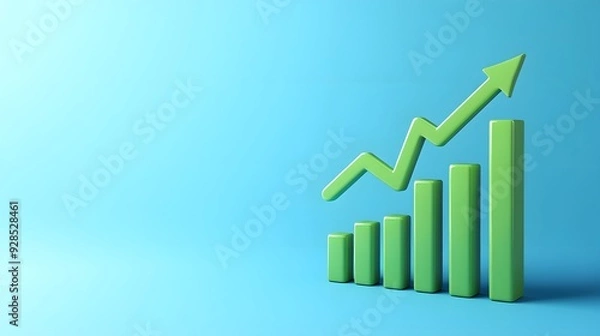 Obraz Green bar graph with an upward arrow on a blue background symbolizing growth, success, and positive trend in business or finance.