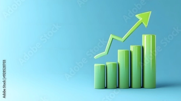 Obraz Green bar graph with an upward arrow on a blue background, symbolizing growth, progress, and positive business trends.