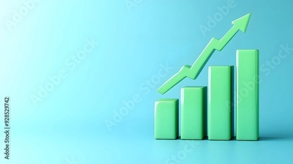 Obraz Green bar graph with rising arrow on blue background. Concept of growth, success, and business improvement. 3D illustration.
