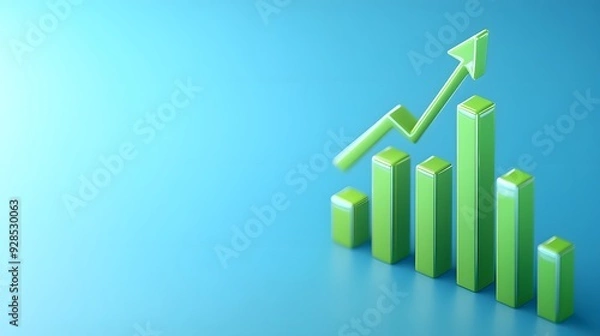 Obraz Green bar graph with upward arrow indicating growth and progress, isolated on blue gradient background. Concept for business and finance statistics.