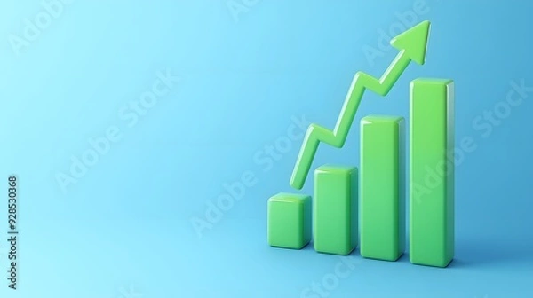 Obraz Green bar graph with upward arrow on a blue background symbolizing growth, success, or financial improvement.