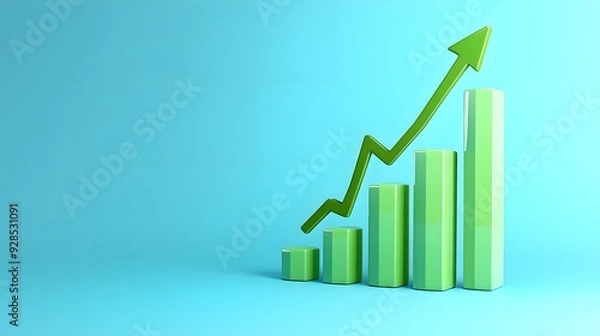 Obraz Green bar graph with upward arrow on blue background, symbolizing financial growth, success, and positive business trend.