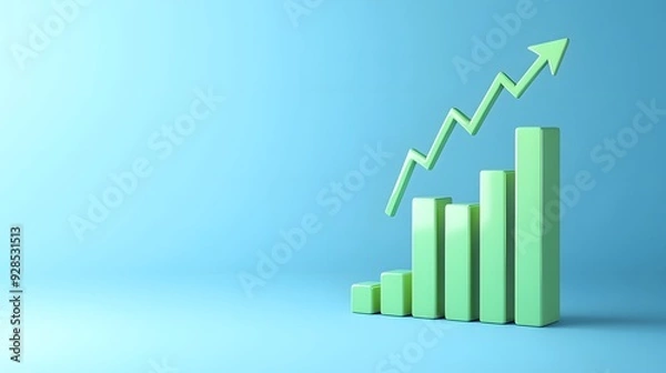 Obraz Green bar graph with upward arrow on blue background representing growth, progress, and positive business trend. 3D illustration.